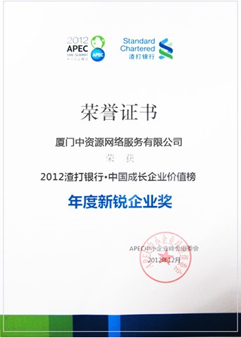 2012年度新锐企业奖-中资源获奖！