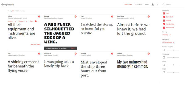 进入Google Fonts网站，点选想用的字型，并可依需求选择想要的字型样式、大小变化等。